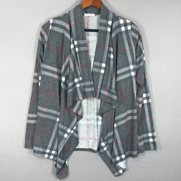 12PM by Mon Ami Cardigan Women’s Medium Gray Plaid Open Front Drape Elbow Patch - Picture 1 of 13